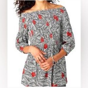 J Jill Black White Red Floral Elastic Smocked Top Babydoll Tunic Top Size M